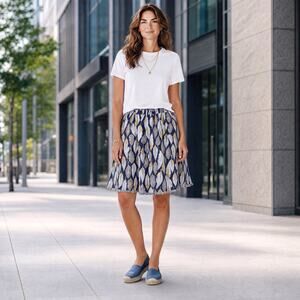 NWT Skies are Blue Print Skirt Elastic Waist Navy White Gold Lined Fringe Hem